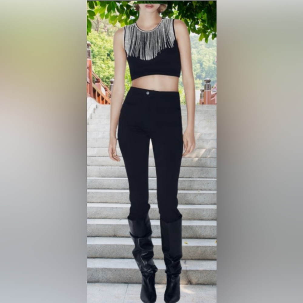 ZARA fringed seamless rhinestone black crop top size extra small/small - Picture 2 of 14
